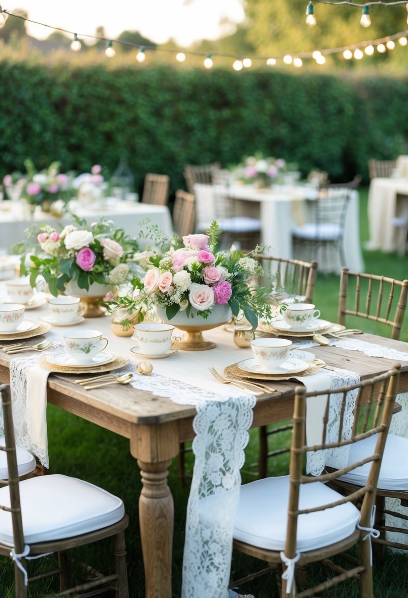 A vintage garden party with lace tablecloths, floral centerpieces, hanging string lights, and antique teacups on a rustic wooden table