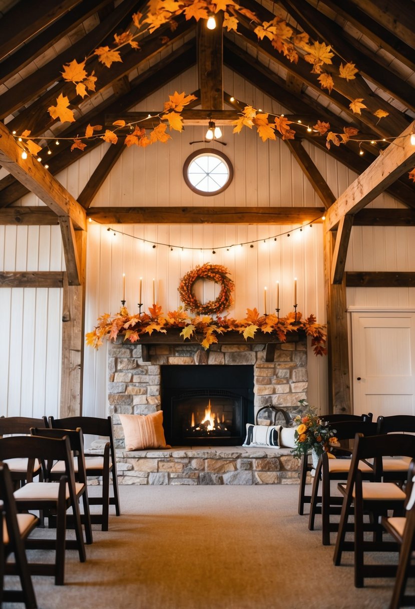 A cozy, rustic barn adorned with autumn leaves, string lights, and vintage decor. A charming fireplace and wooden beams add character to the affordable indoor venue