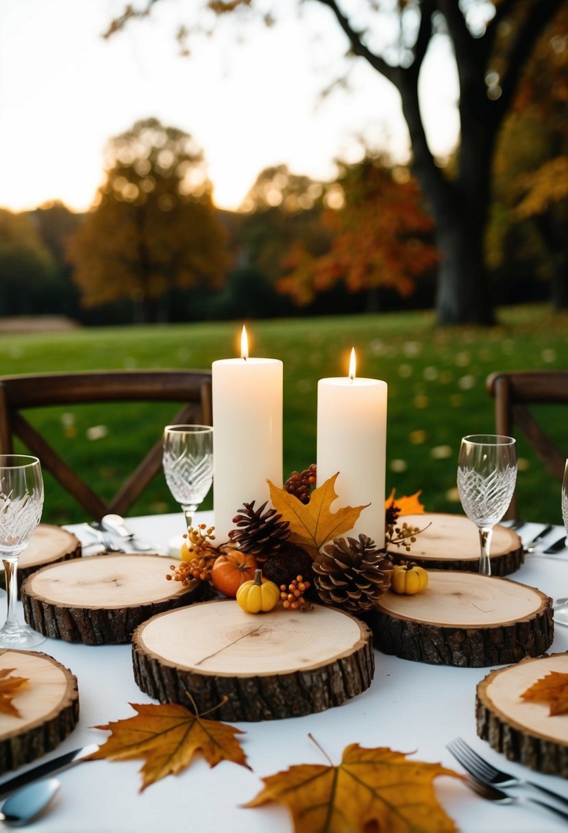 Wood slices arranged as table centerpieces with autumn leaves and candles for a rustic fall wedding