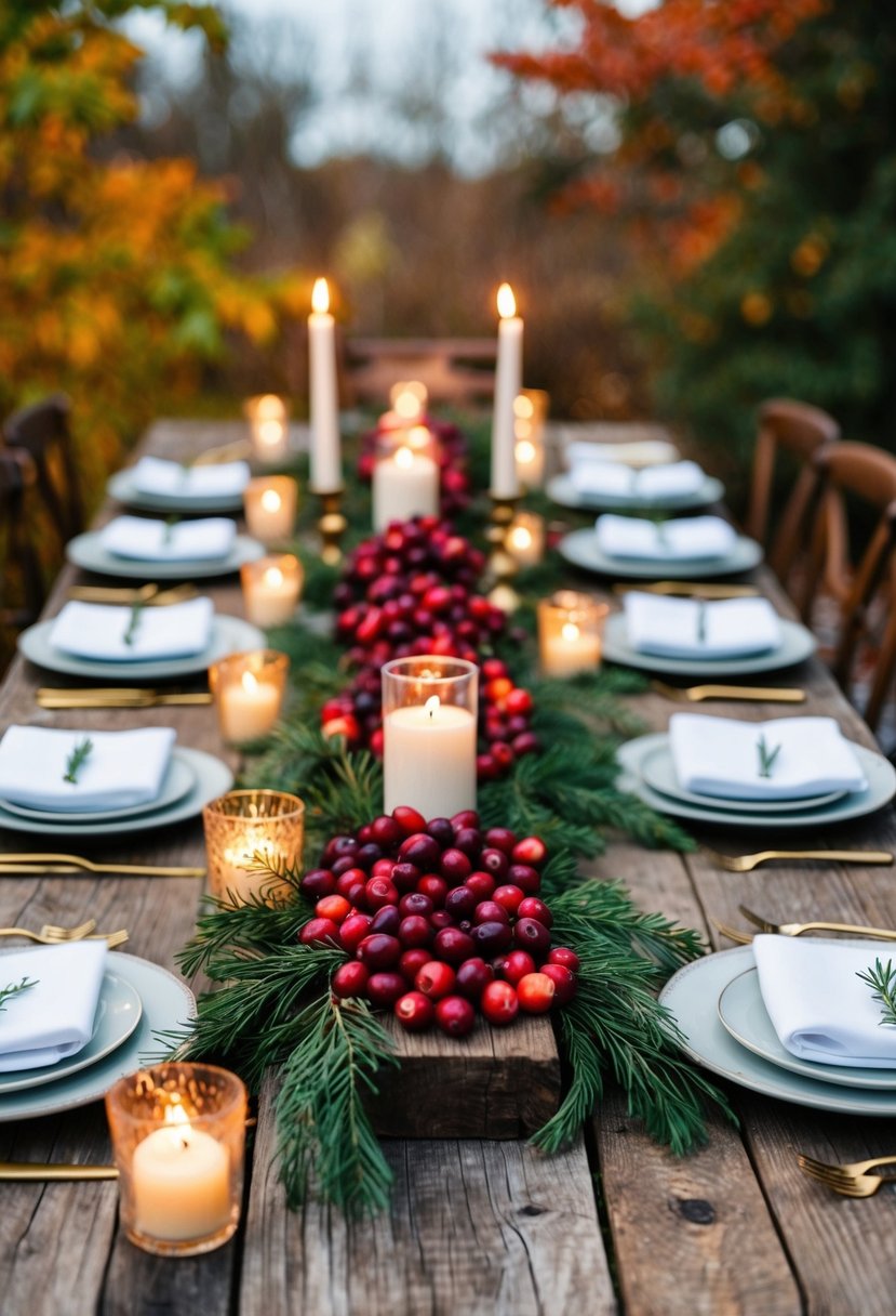 A rustic wooden table adorned with cranberry centerpieces, surrounded by autumn foliage and soft candlelight