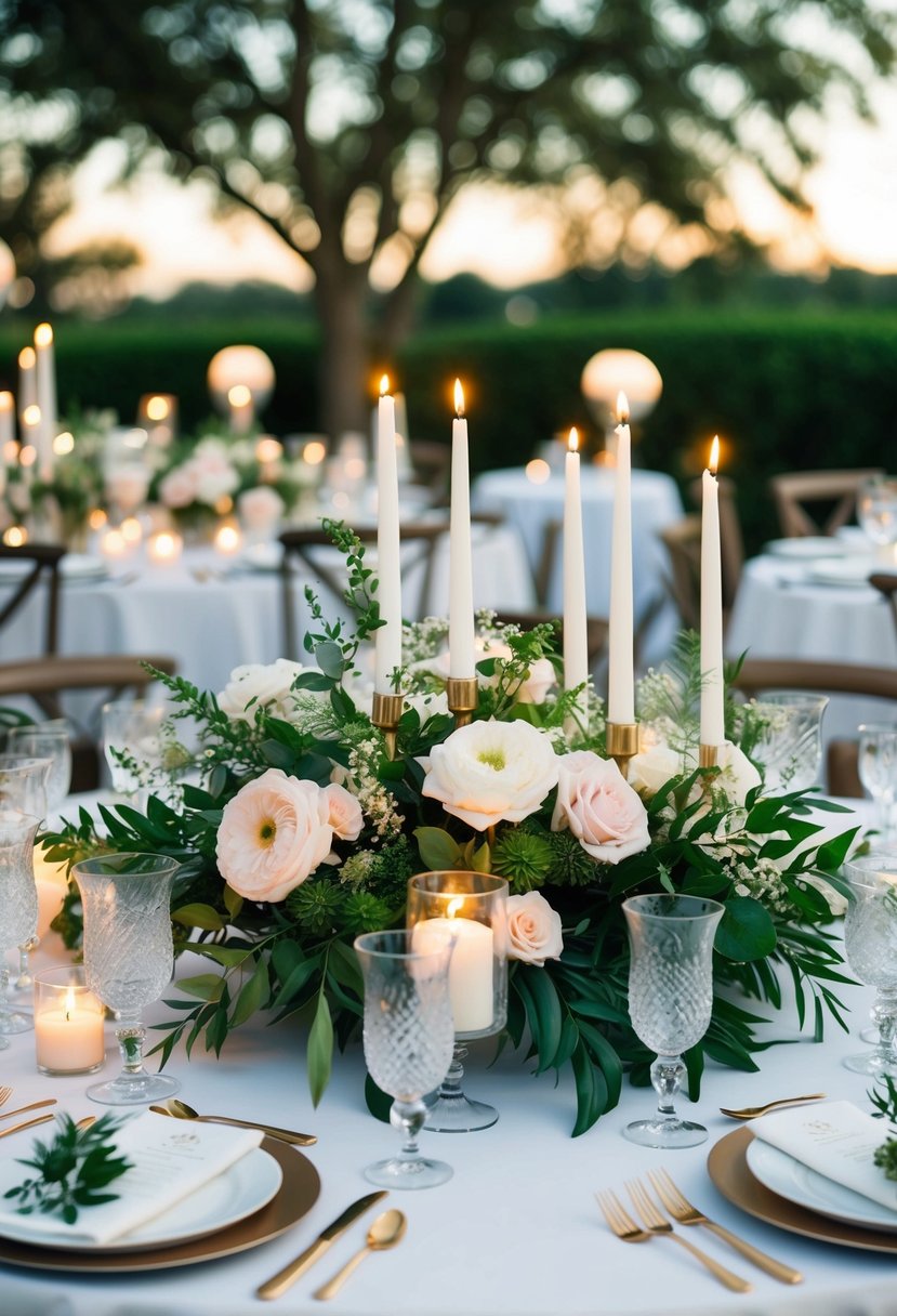 A round table adorned with fresh flowers, candles, and greenery, creating an elegant and romantic wedding centerpiece