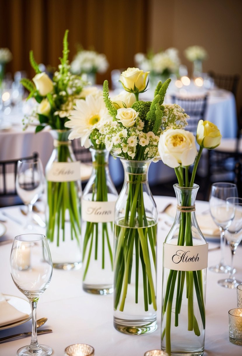 Elegant glass vases filled with flowers, each adorned with a personalized name tag, arranged as wedding centerpieces