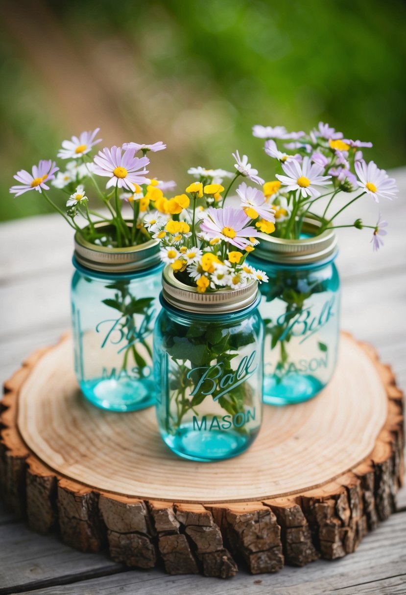 Rustic wood slices topped with mason jars filled with wildflowers