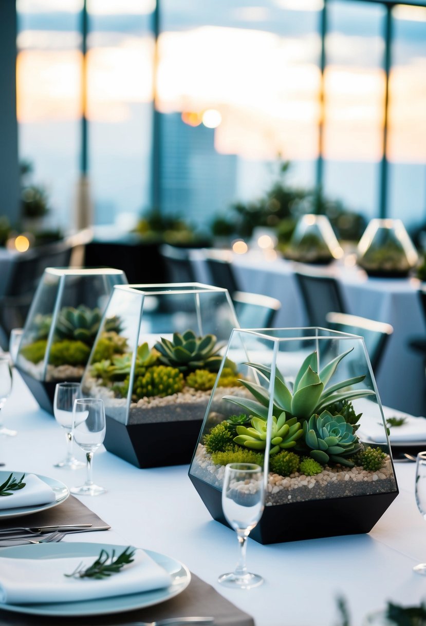 Lush succulent terrariums arranged on sleek, minimalist table settings for a modern wedding centerpiece