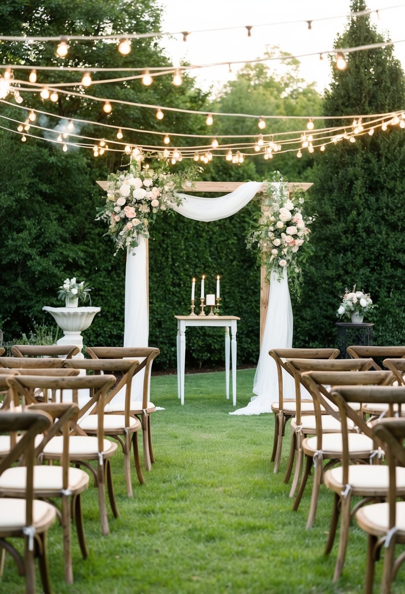 A charming backyard wedding with a flower-adorned arch, bistro lights, and rustic wooden chairs arranged around a simple yet elegant outdoor altar