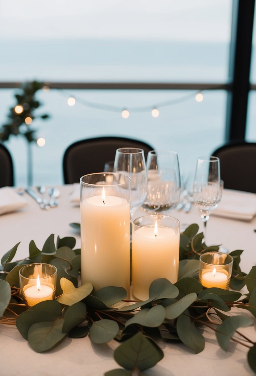 Eucalyptus garlands draped around candles on a wedding table centerpiece