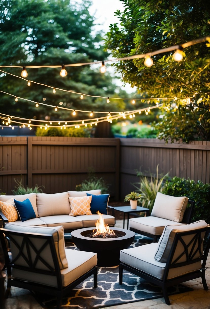 A cozy lounge area with outdoor furniture set up in a backyard, complete with string lights, comfortable seating, and a small fire pit