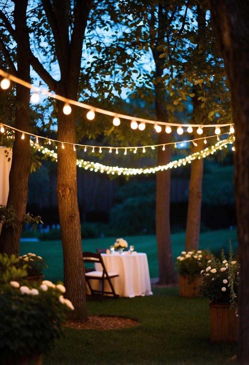 String lights create a magical glow, draped among trees and around a backyard wedding. Their warm light illuminates the evening, adding a touch of enchantment to the outdoor celebration