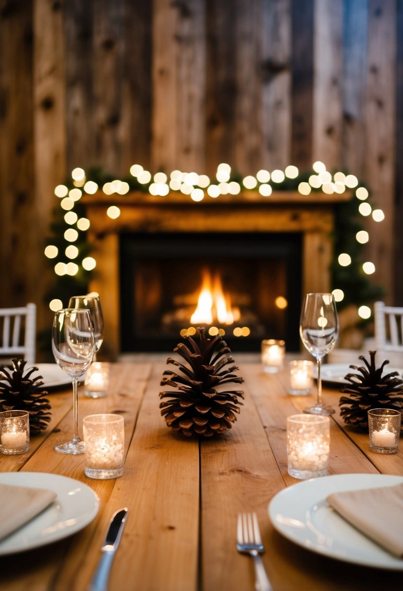 A cozy winter wedding with twinkling lights, pinecone centerpieces, and a rustic fireplace backdrop