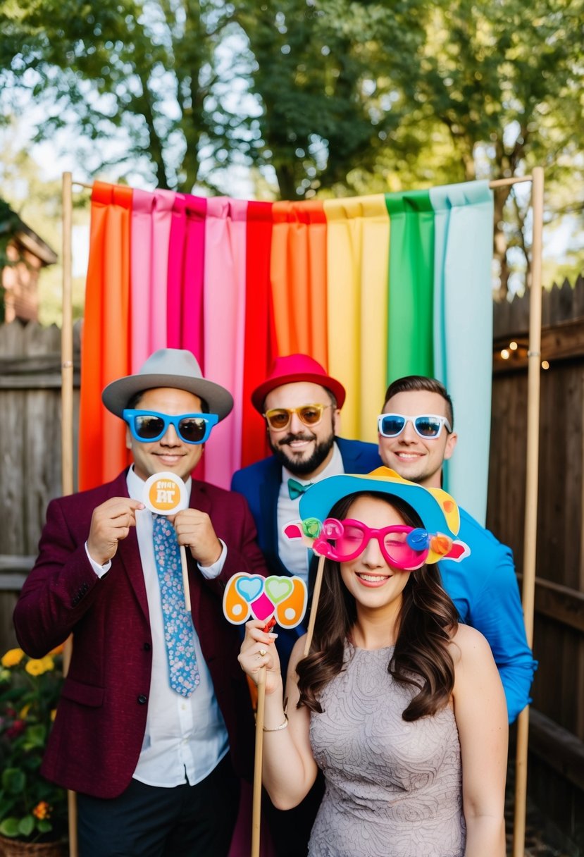 A backyard photo booth with colorful props and a rustic backdrop