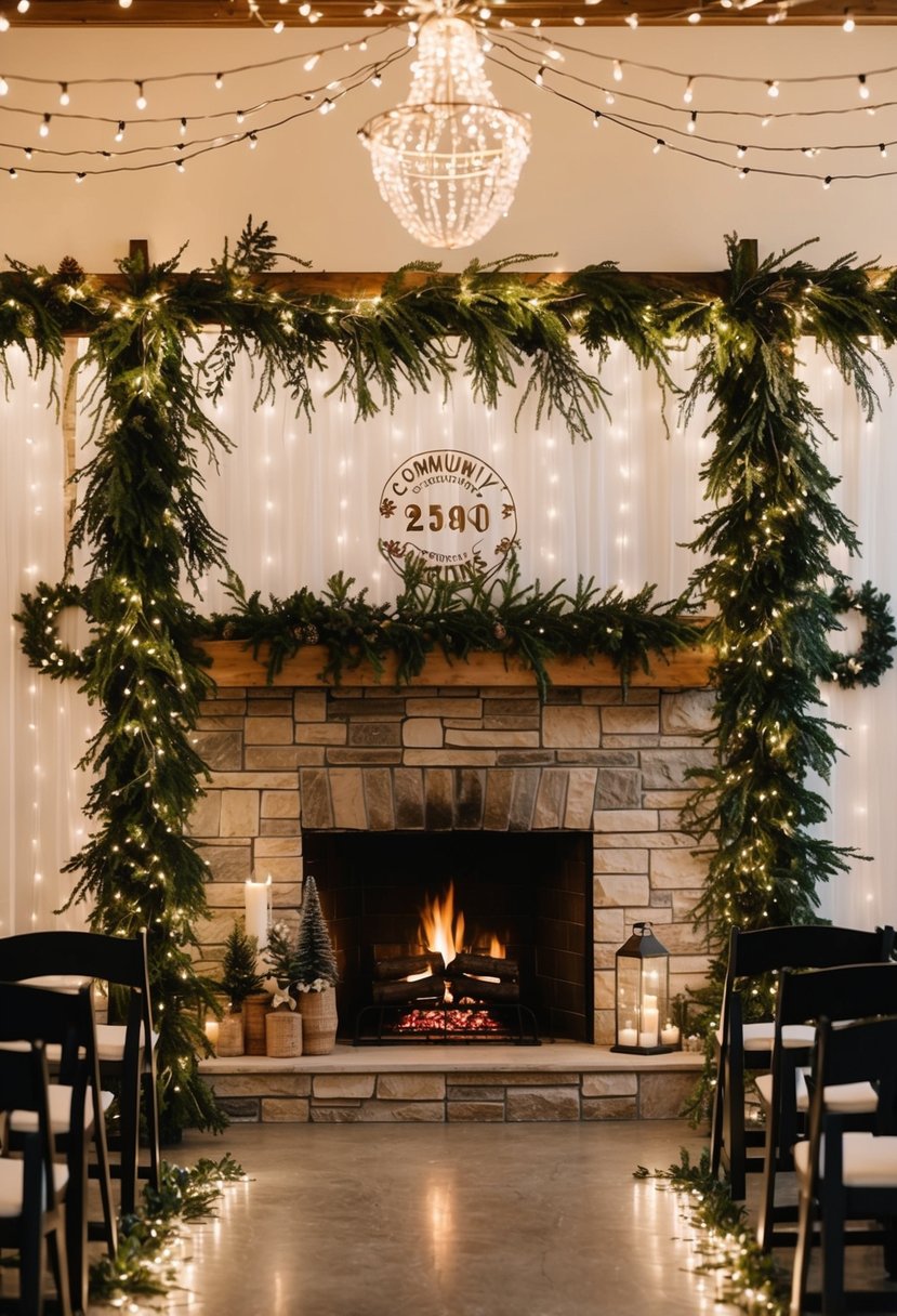 A cozy community center adorned with twinkling lights and draped in winter greenery, featuring a crackling fireplace and rustic decor for a budget-friendly winter wedding venue