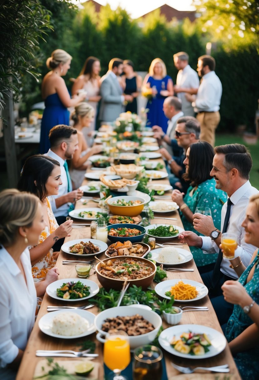 A backyard wedding with a potluck or BBQ, featuring a long table filled with an array of homemade dishes and guests mingling in a relaxed and communal atmosphere