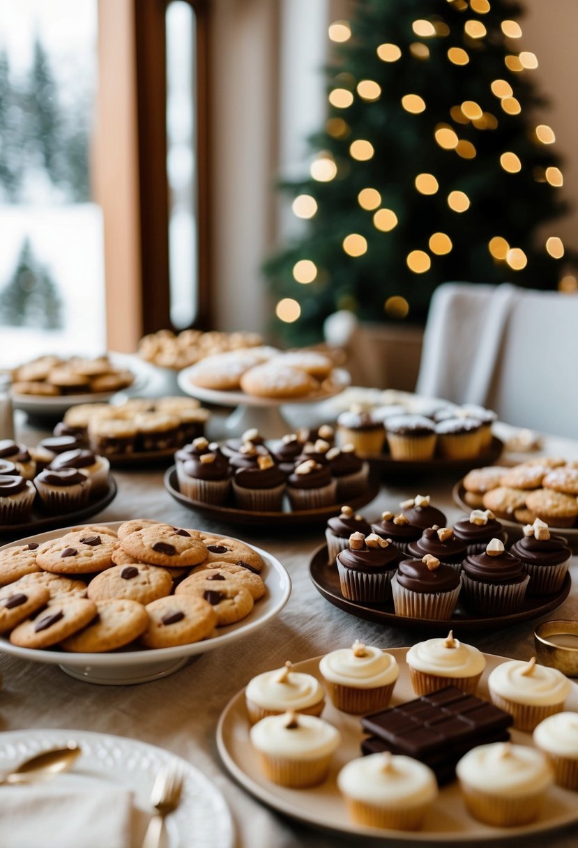 A cozy winter scene with a table filled with homemade edible treats like cookies, chocolates, and cupcakes, all beautifully arranged for a budget-friendly wedding