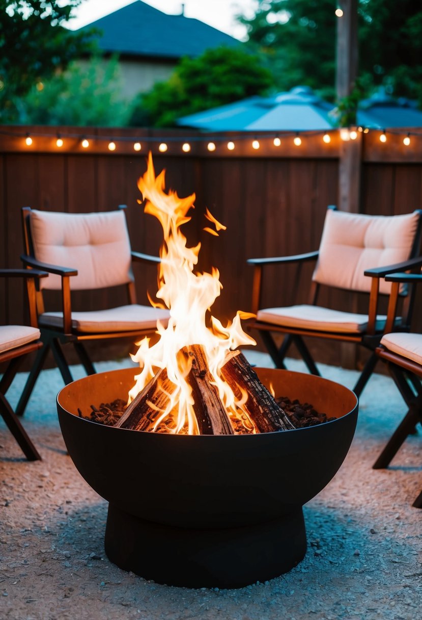 Chairs encircle a crackling fire pit in a cozy backyard setting, creating a warm and inviting atmosphere for a wedding celebration