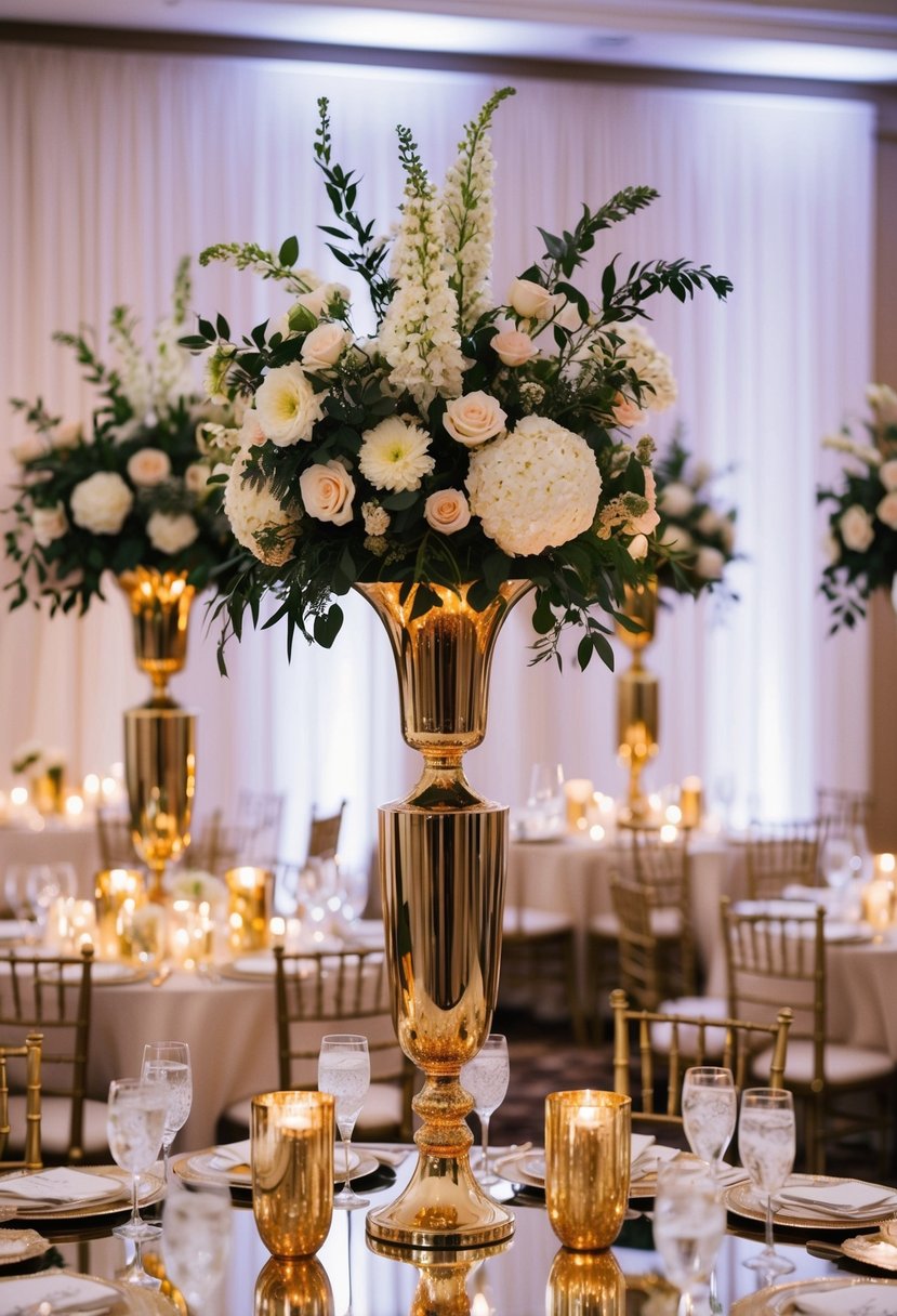 Tall floral arrangements in gold vases atop mirrored tables at a luxurious wedding reception