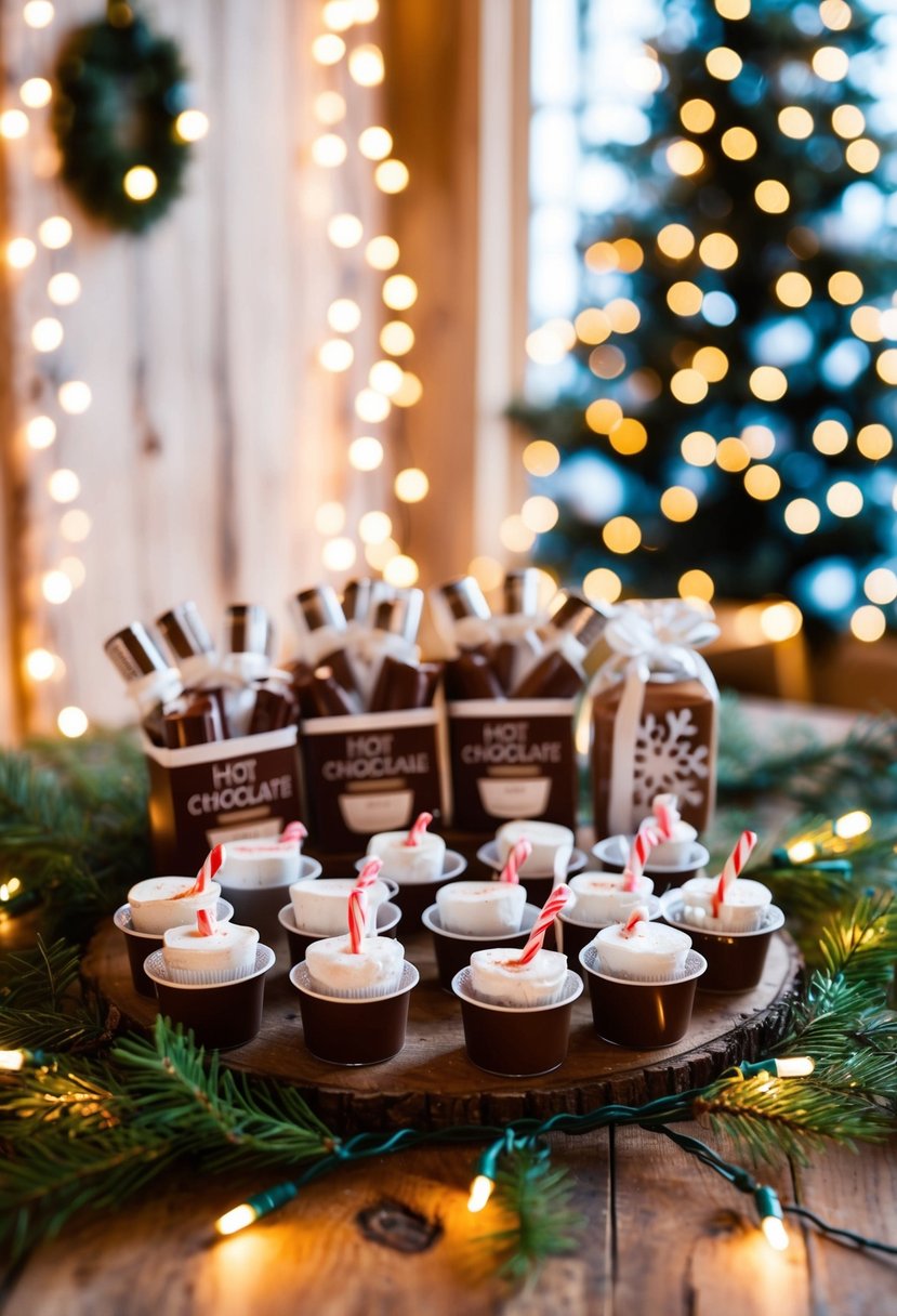 A cozy winter wedding scene with mini hot chocolate kits arranged as favors on a rustic table, surrounded by twinkling lights and snowflakes