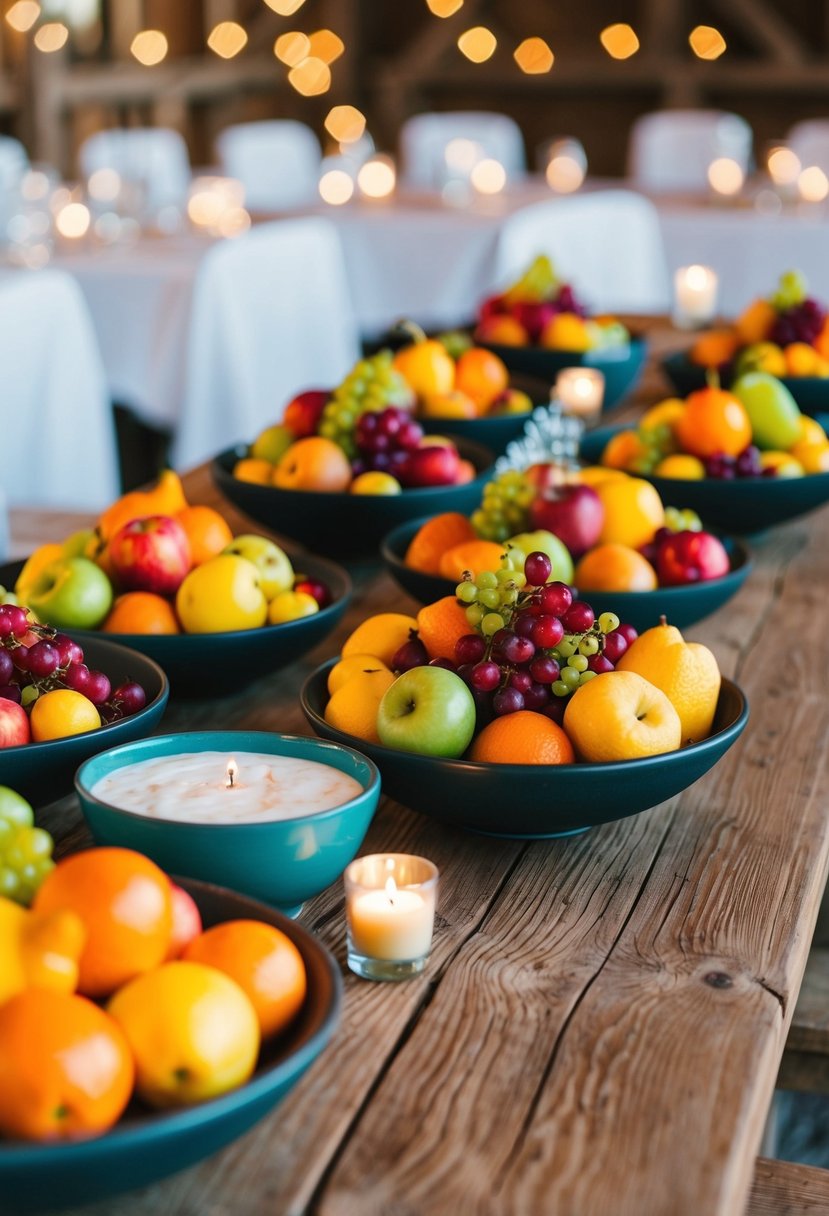 A rustic wooden table adorned with bowls of vibrant seasonal fruits, serving as a unique and colorful wedding centerpiece idea