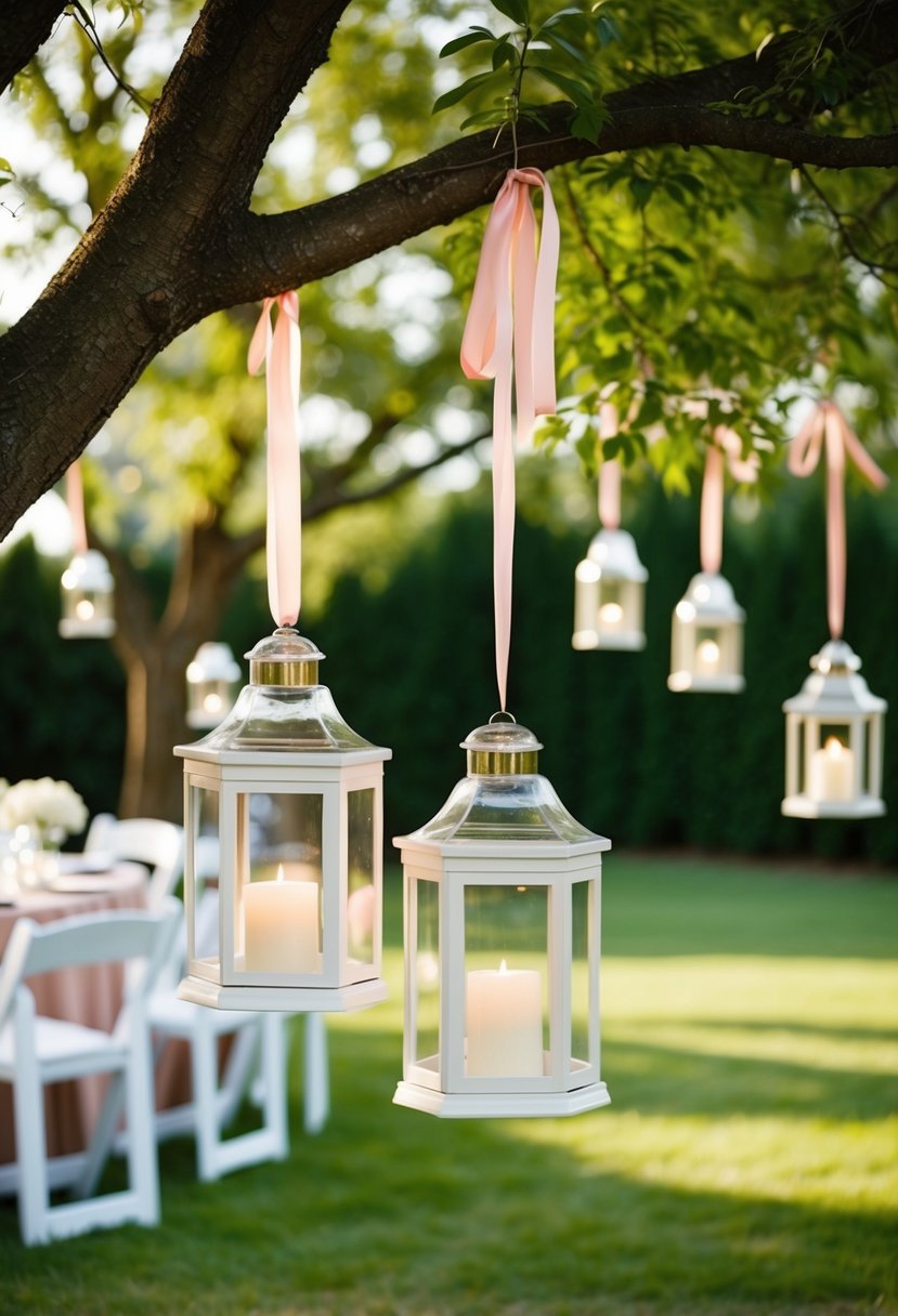 Bud vases and ribbon lanterns adorn trees in a backyard wedding