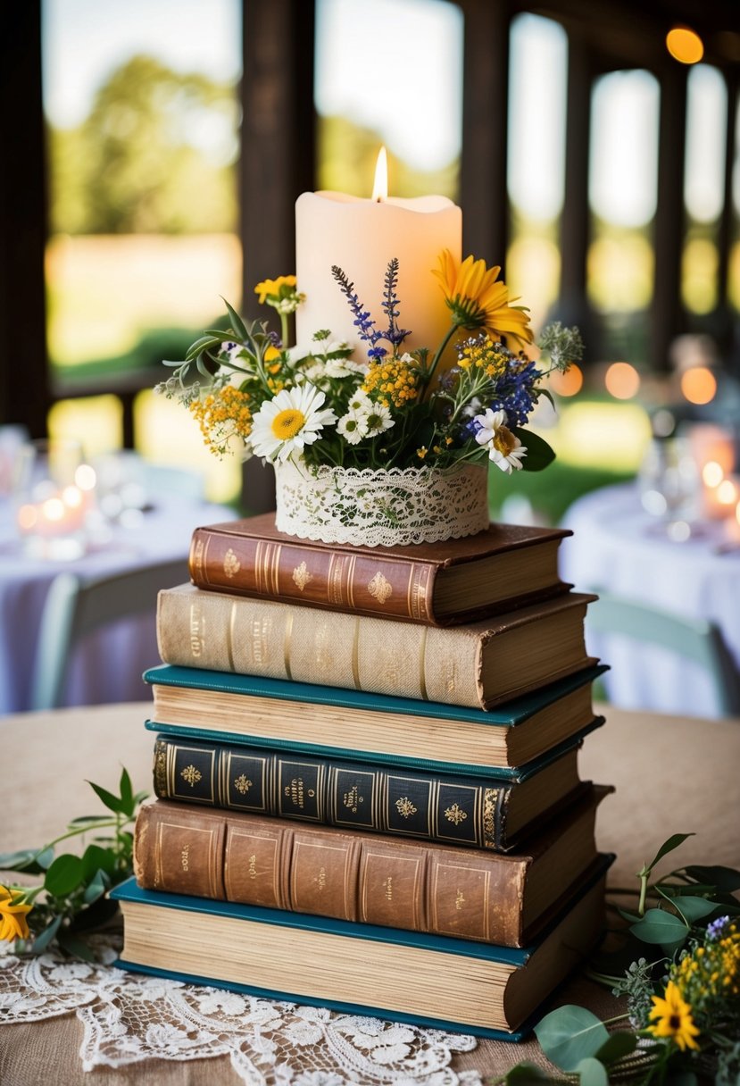 Stacked vintage books with wildflowers, candles, and lace create a rustic wedding centerpiece