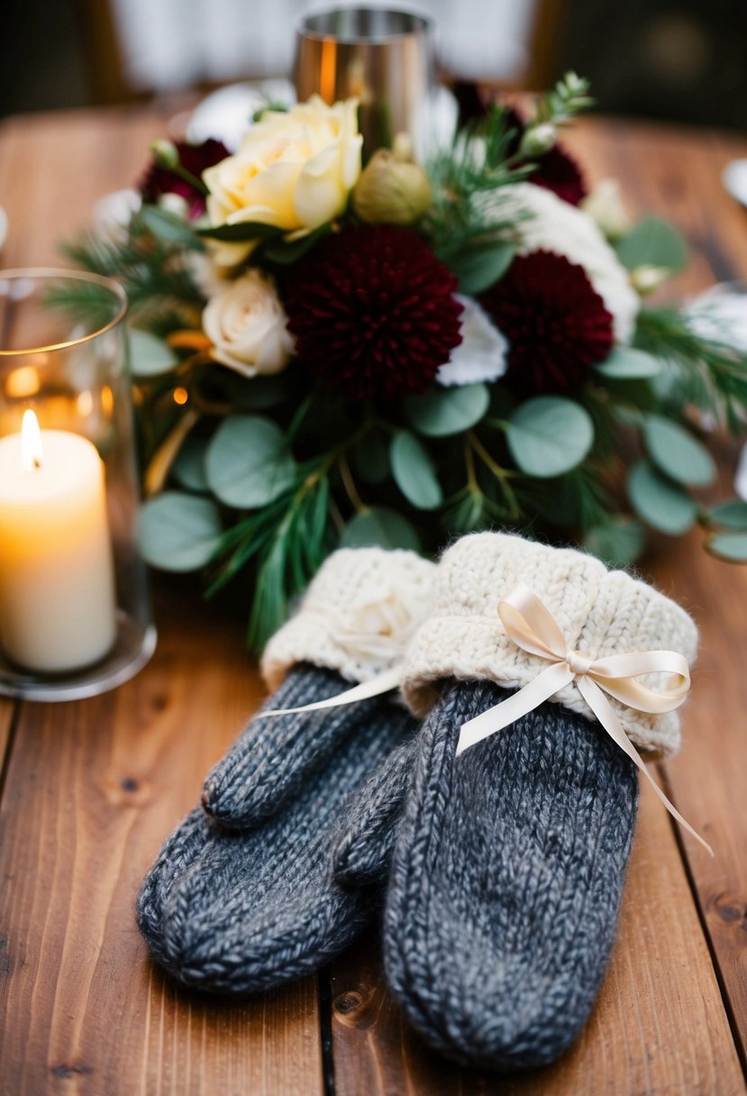 A pair of cozy wool mittens tied with a ribbon, placed next to a rustic wedding centerpiece