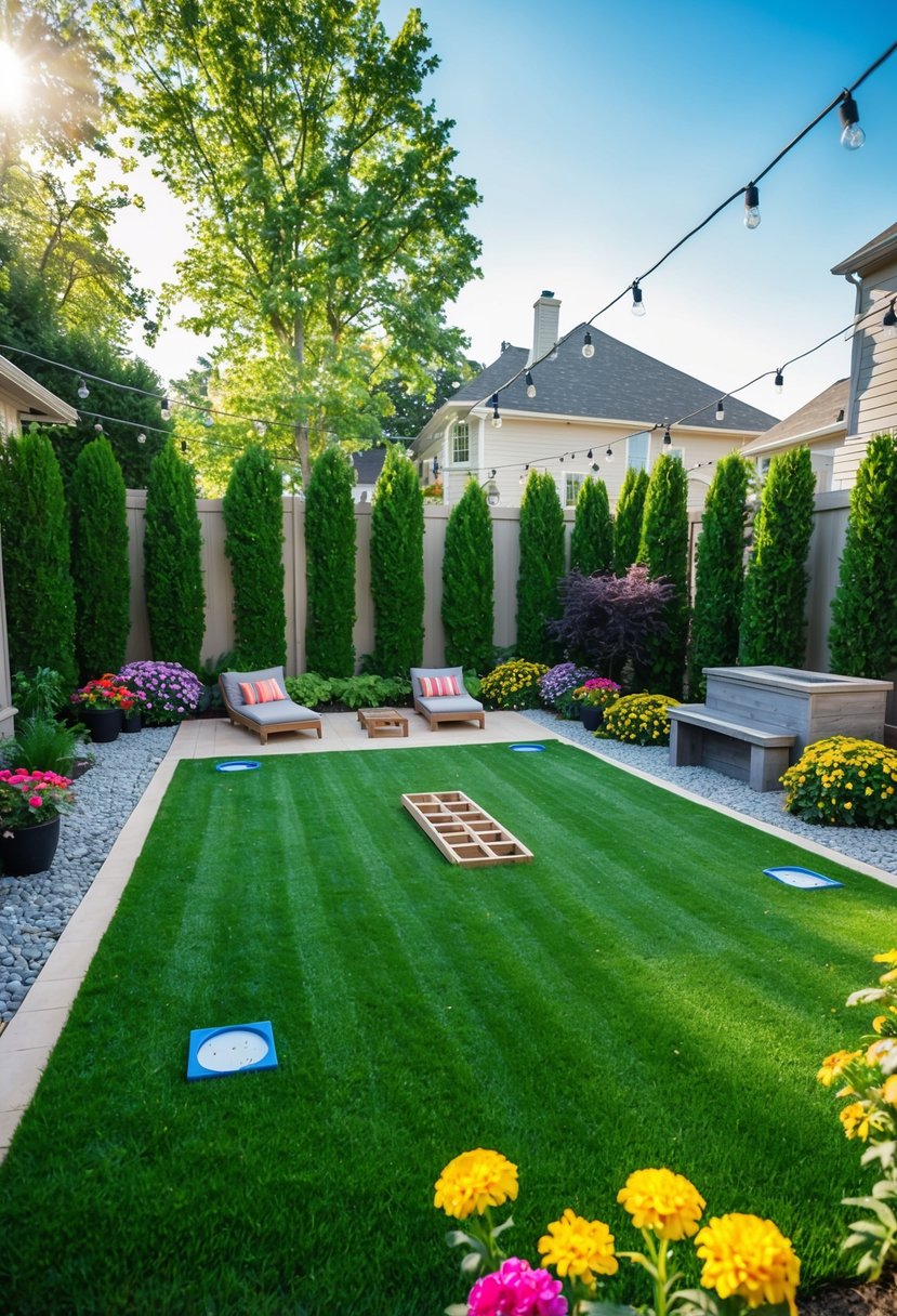 A sunny backyard with a neatly trimmed lawn, surrounded by colorful flowers and string lights, features a designated area for lawn games like cornhole