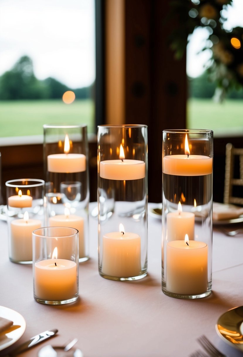 Glass cylinders with floating candles, arranged on a table for a wedding centerpiece