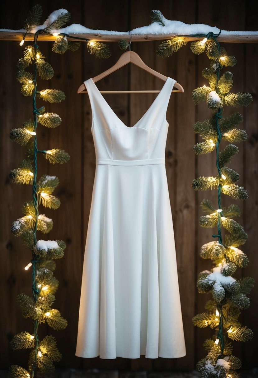 A simple, elegant white dress hangs on a rustic wooden hanger, surrounded by twinkling fairy lights and snow-covered pine branches