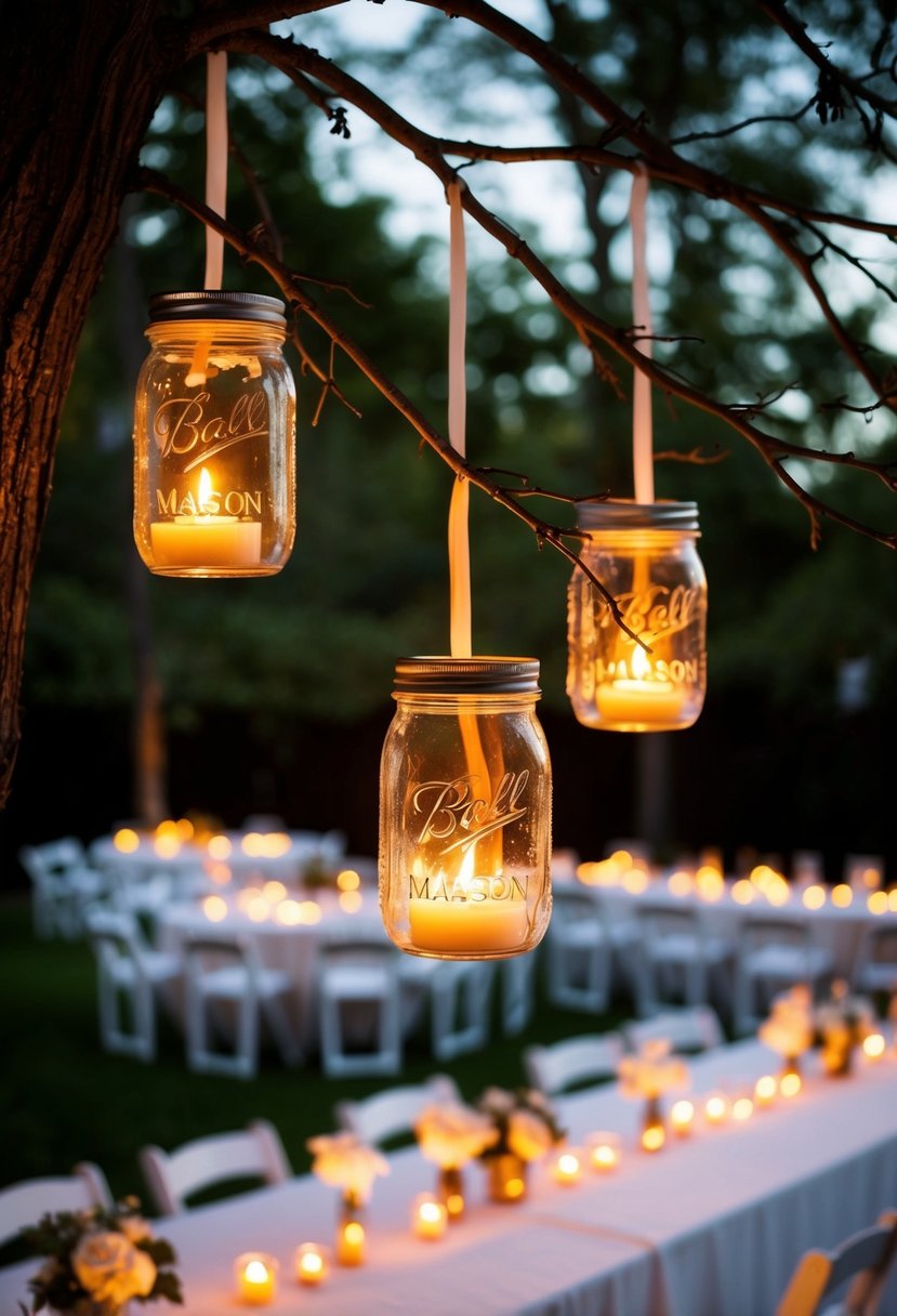 Mason jars hang from tree branches, each holding a flickering candle, illuminating a backyard wedding reception with a warm and romantic glow