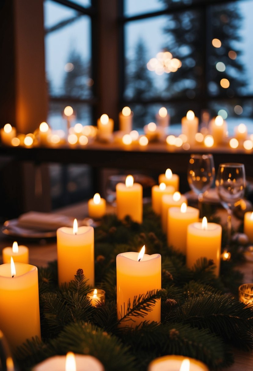 A cozy winter wedding scene with flickering candles casting a warm, ambient glow throughout the space, creating a romantic and intimate atmosphere