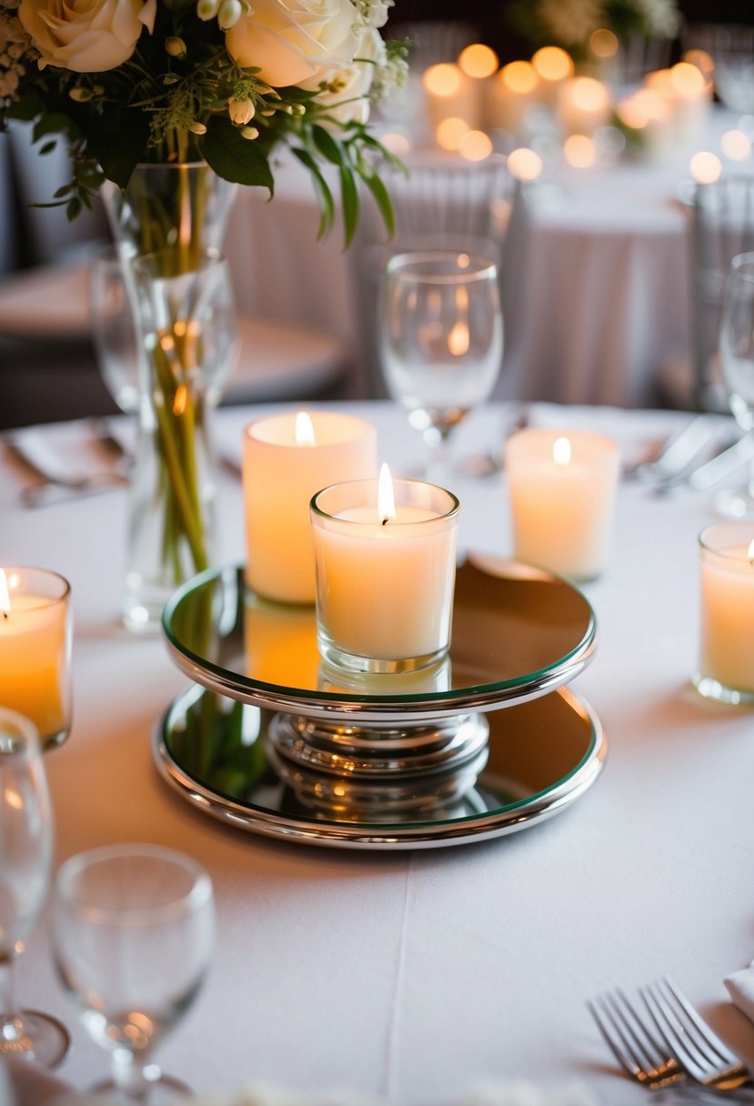 A mirrored base holds votive candles in a wedding centerpiece