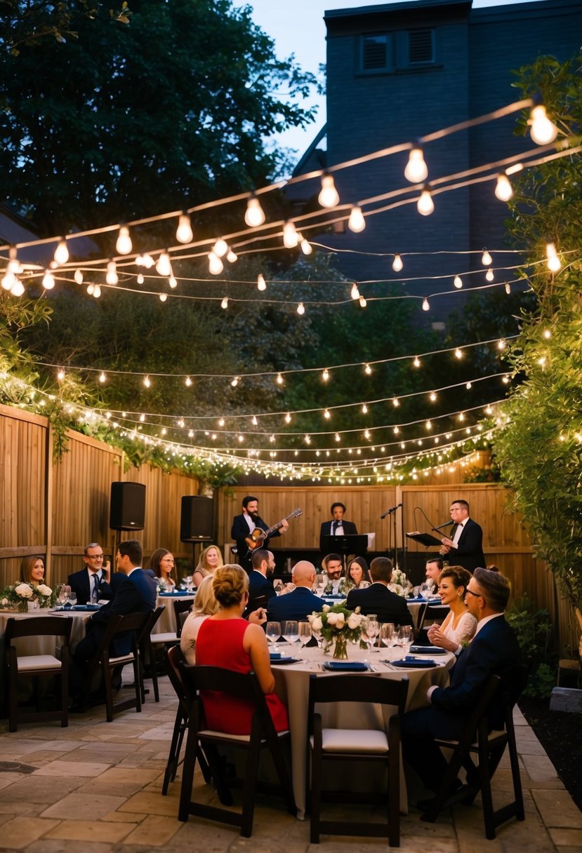 A cozy backyard with twinkling string lights, a small stage with live musicians, and guests seated at intimate tables