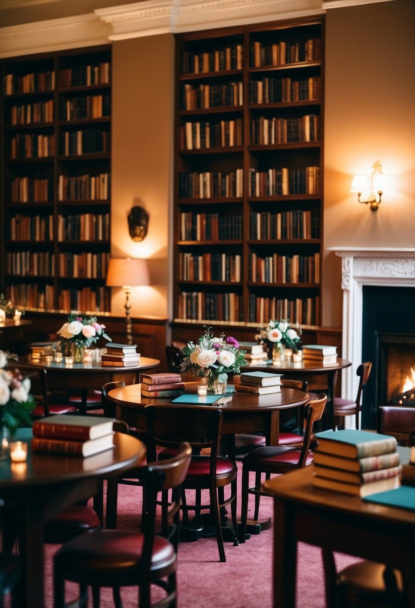 A cozy library with book-lined walls, warm lighting, and a crackling fireplace. Tables adorned with vintage books and floral centerpieces