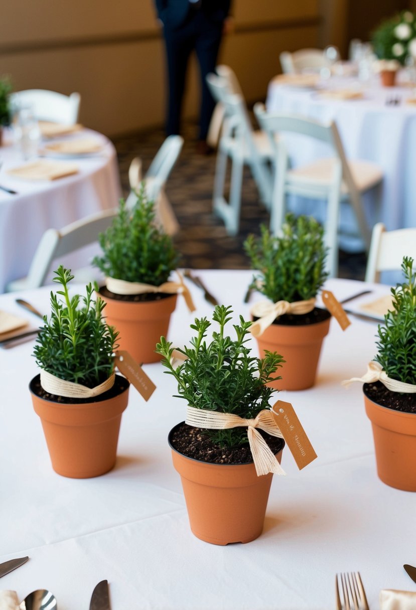 Mini potted plants arranged on tables, adorned with ribbons and tags, serve as wedding centerpieces