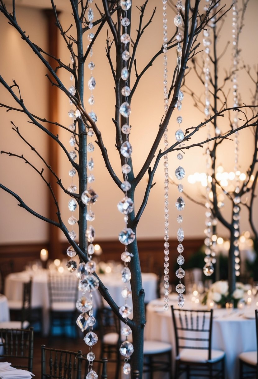 Elegant tall branches adorned with hanging crystals for wedding centerpieces