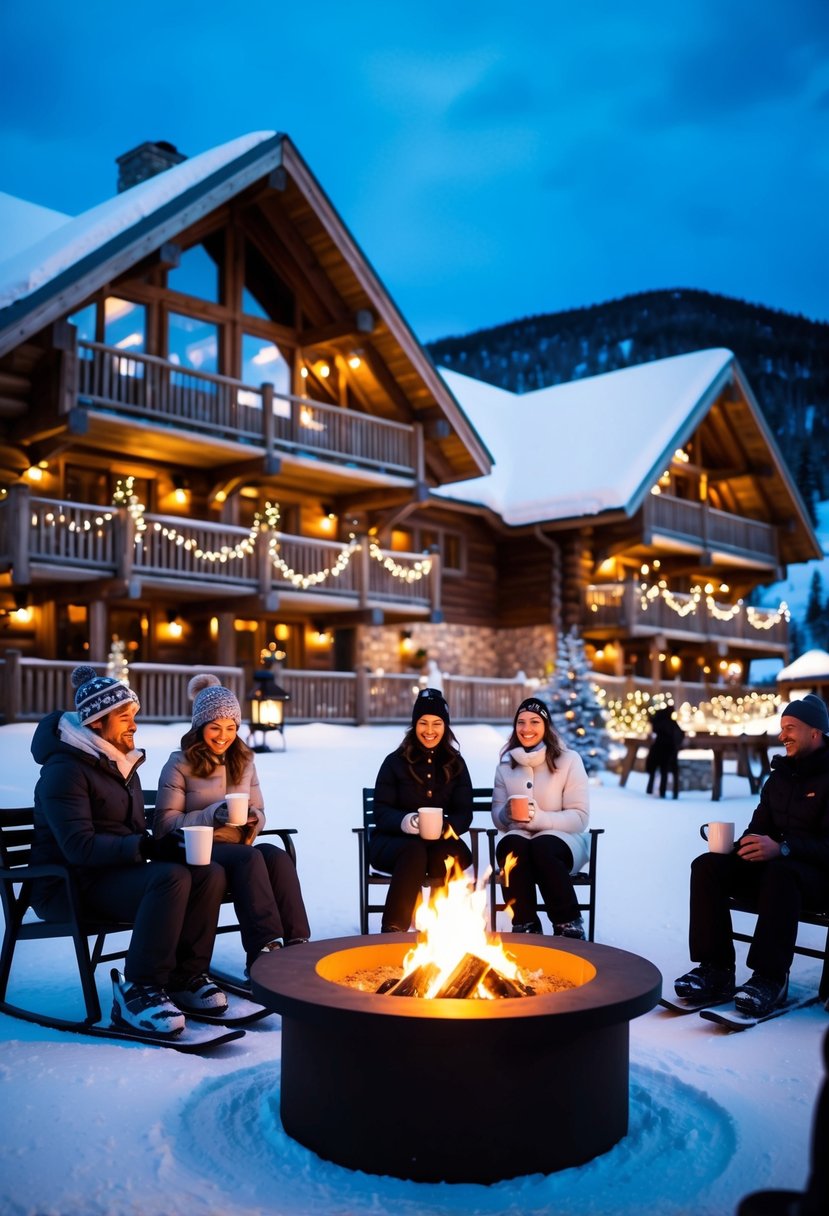 A cozy ski lodge with snow-covered cabins, twinkling lights, and a crackling fire pit. Skiers and snowboarders enjoy hot cocoa and winter wedding decorations