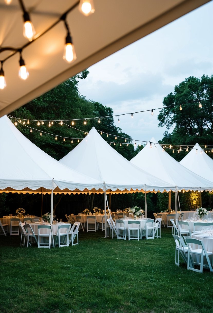 A backyard wedding with white tents set up to provide rain contingency. Tables and chairs arranged under the tents, with flowers and string lights decorating the area