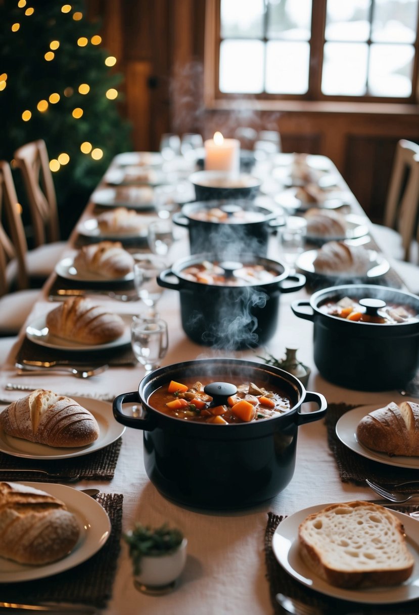 A cozy winter wedding banquet with steaming pots of hearty stews and rustic bread on a budget-friendly table setting