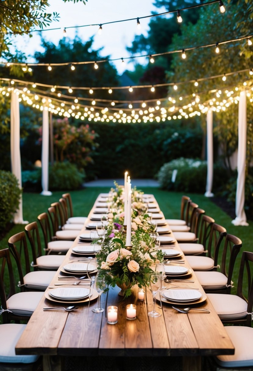 A long wooden table set with candles and fresh flowers, surrounded by cushioned chairs, under a canopy of twinkling lights in a lush backyard garden