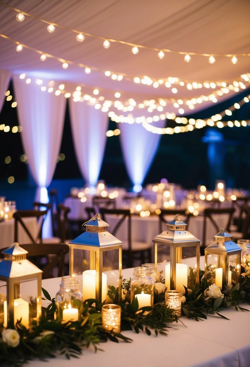 A table adorned with lanterns emitting soft fairy lights, creating a romantic wedding centerpiece