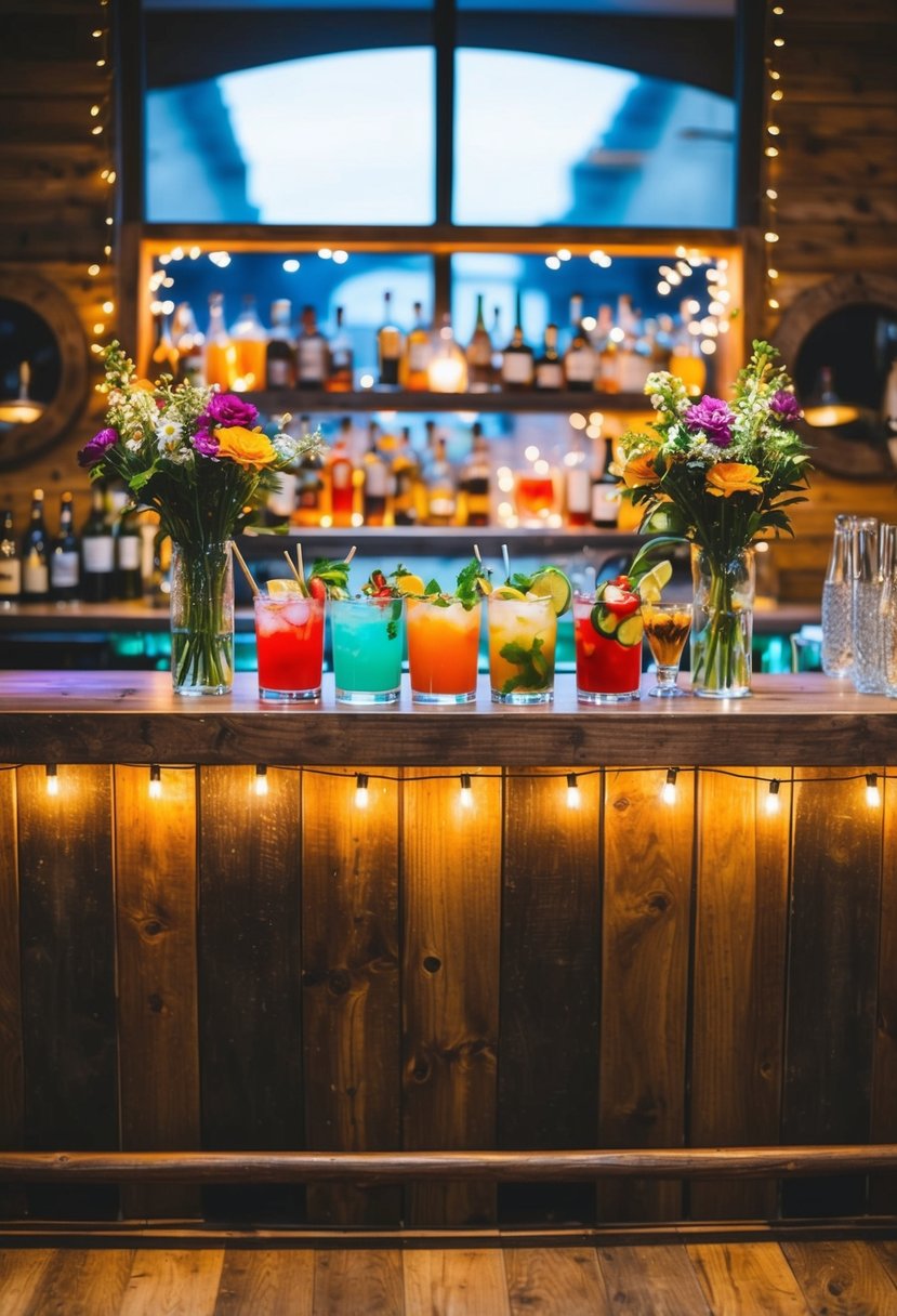 A rustic wooden bar adorned with fresh flowers and twinkling lights, featuring a variety of colorful signature cocktails and garnishes