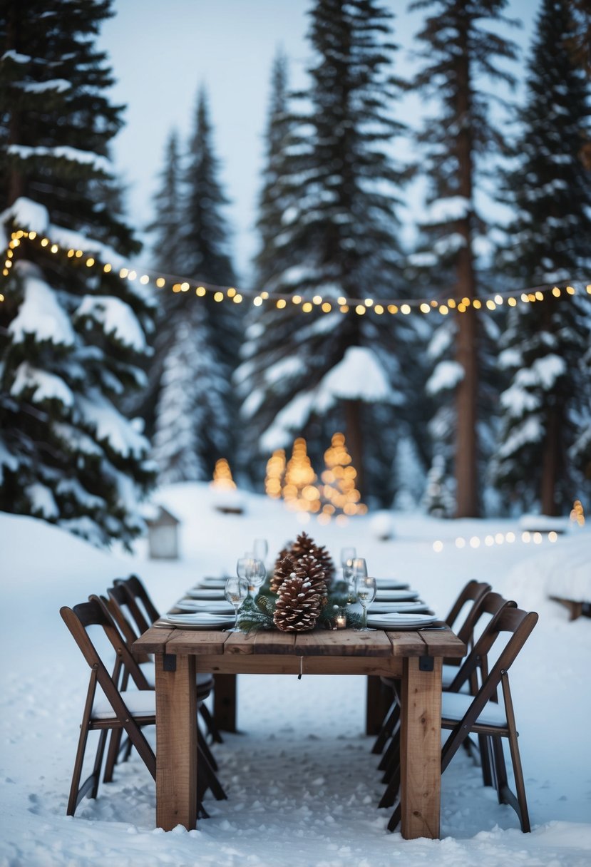 A rustic wedding table adorned with pinecones, surrounded by snow-covered pine trees and twinkling lights