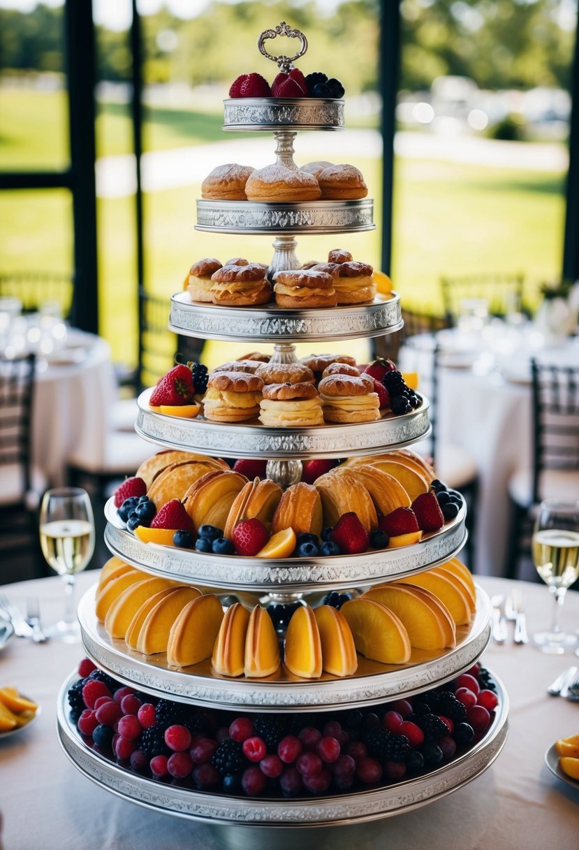 A tiered display of pastries and fruit arranged in a decorative centerpiece for a wedding