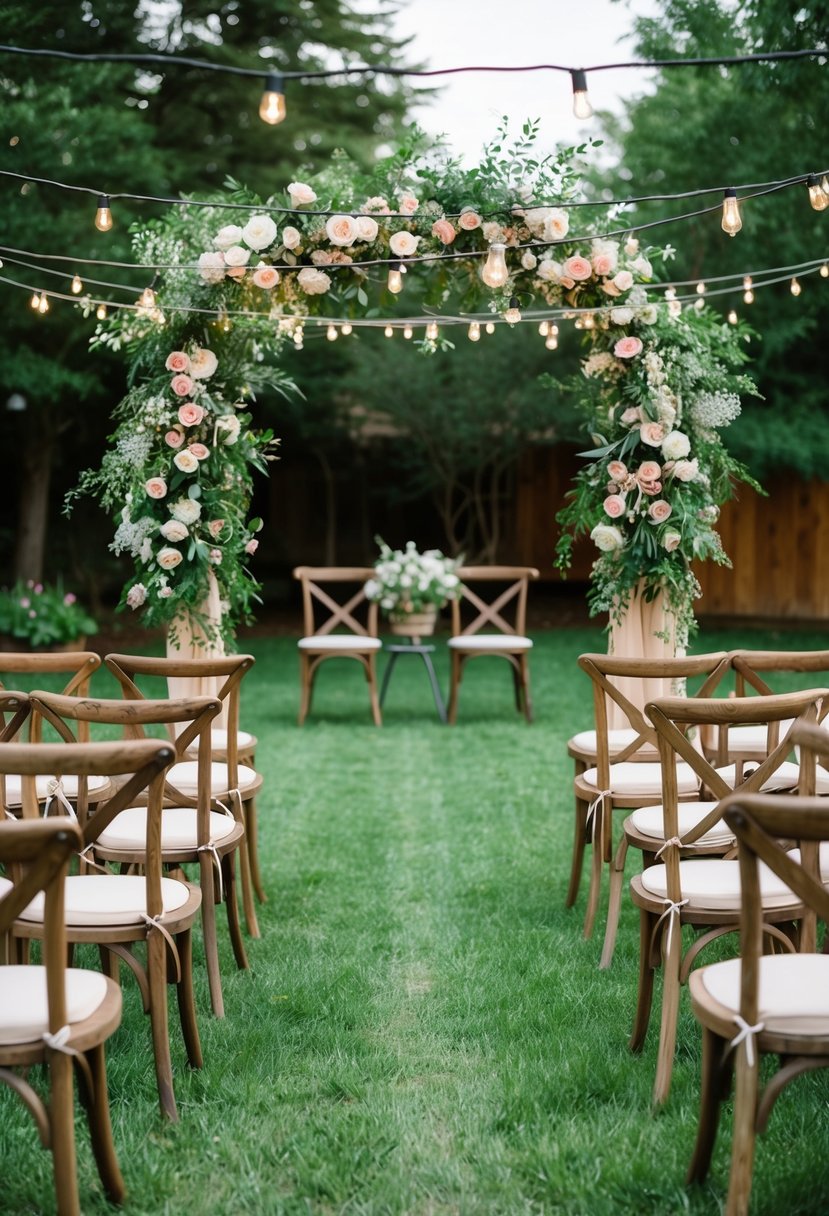 A cozy backyard wedding with a flower-filled arch, string lights, and rustic wooden chairs arranged for an intimate ceremony