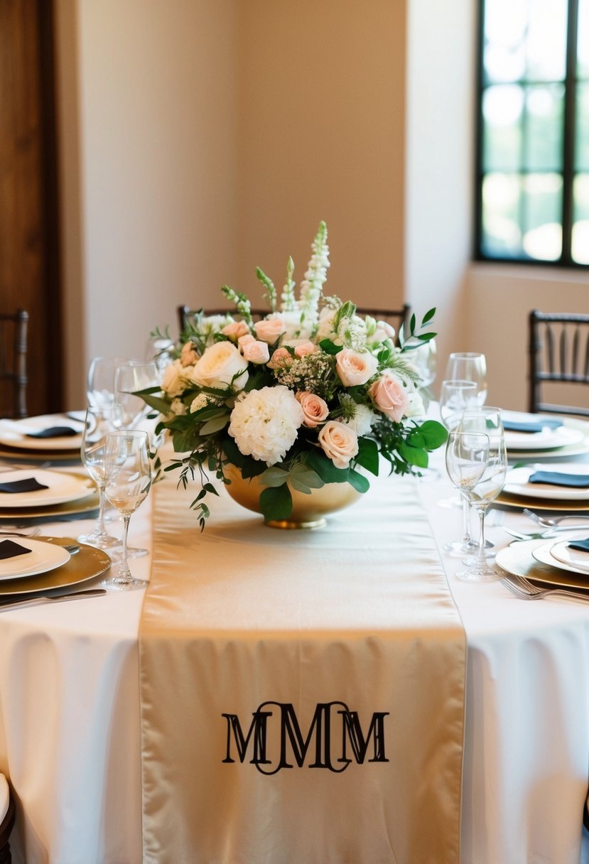 A table adorned with monogrammed table runners and floral centerpieces for a wedding