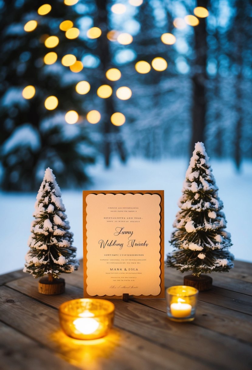 A cozy winter scene with snow-covered trees and a rustic wedding invitation displayed on a wooden table with a warm, inviting glow