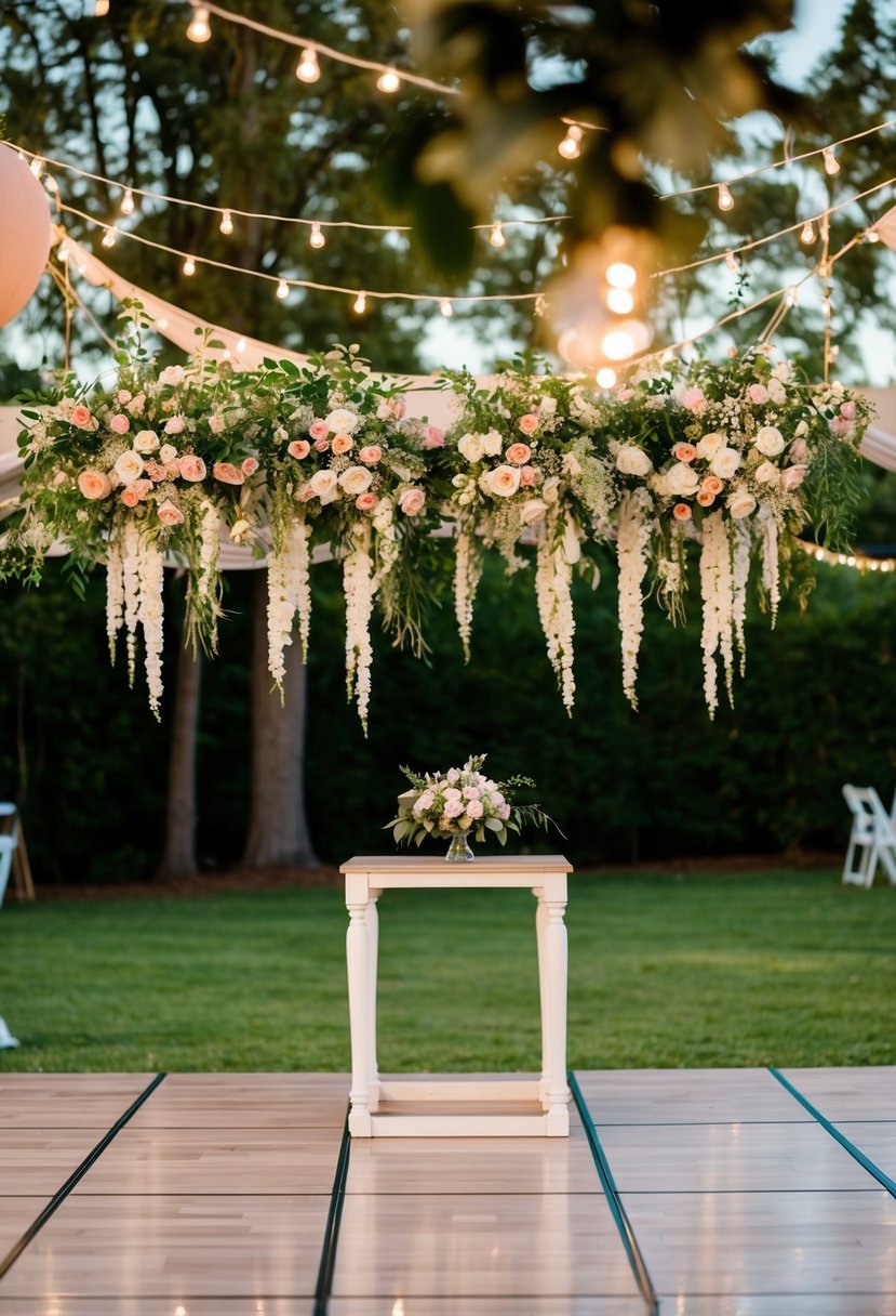 A backyard wedding with a dance floor adorned with hanging floral decor