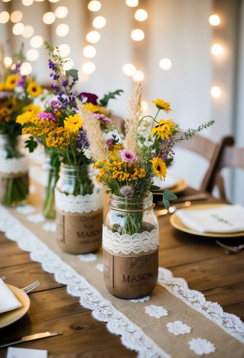 Rustic burlap and lace table runner with mason jar vases and wildflower bouquets as wedding centerpieces