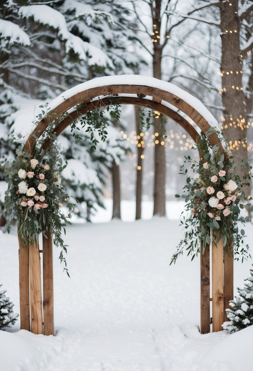 A rustic wooden arch adorned with hanging florals, surrounded by snow-covered trees and twinkling lights