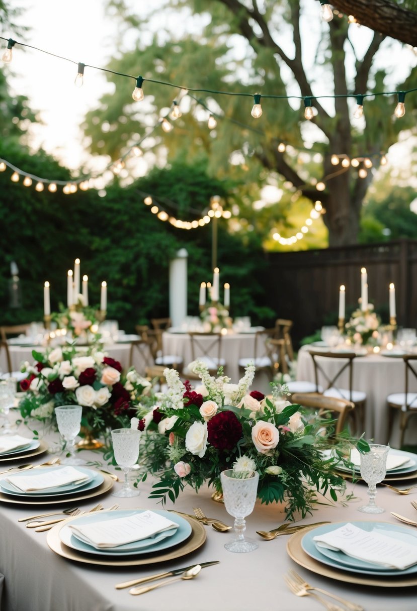 Elaborate table settings with lush florals adorn a backyard wedding