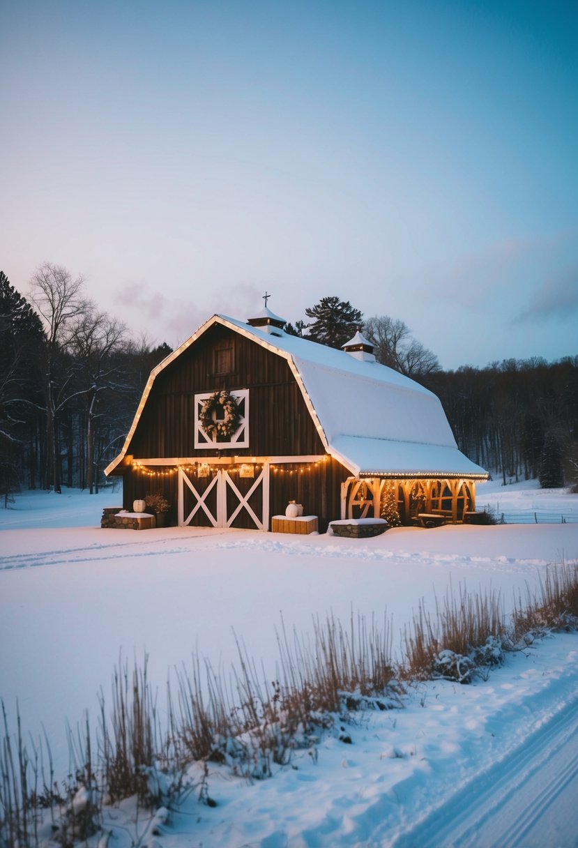 A quaint, snow-covered barn nestled in a serene winter landscape, adorned with twinkling lights and rustic decorations for a budget-friendly winter wedding